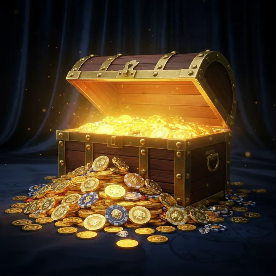 Geöffnete Schatztruhe voller Goldmuenzen